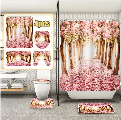 Arrivals Europe Pink Sakura Tree Pattern Bathroom Four-piece Suit,Shower Curtain Bathroom Pedestal Rug Lid Toilet Cover Bath Mat Set by eprolo