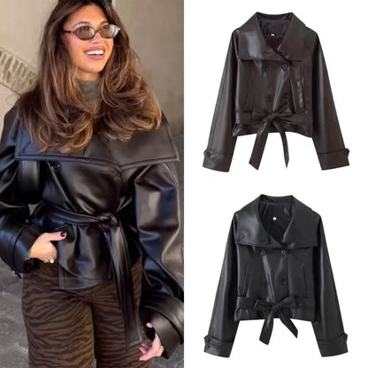 Leather coat AdTec, trendy two-color short double-breasted with waist belt, three views