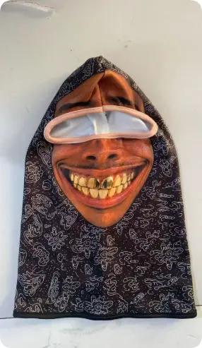 AdTec balaclava ski mask, black patterned windproof thermal hood with novelty gold-teeth mouth design