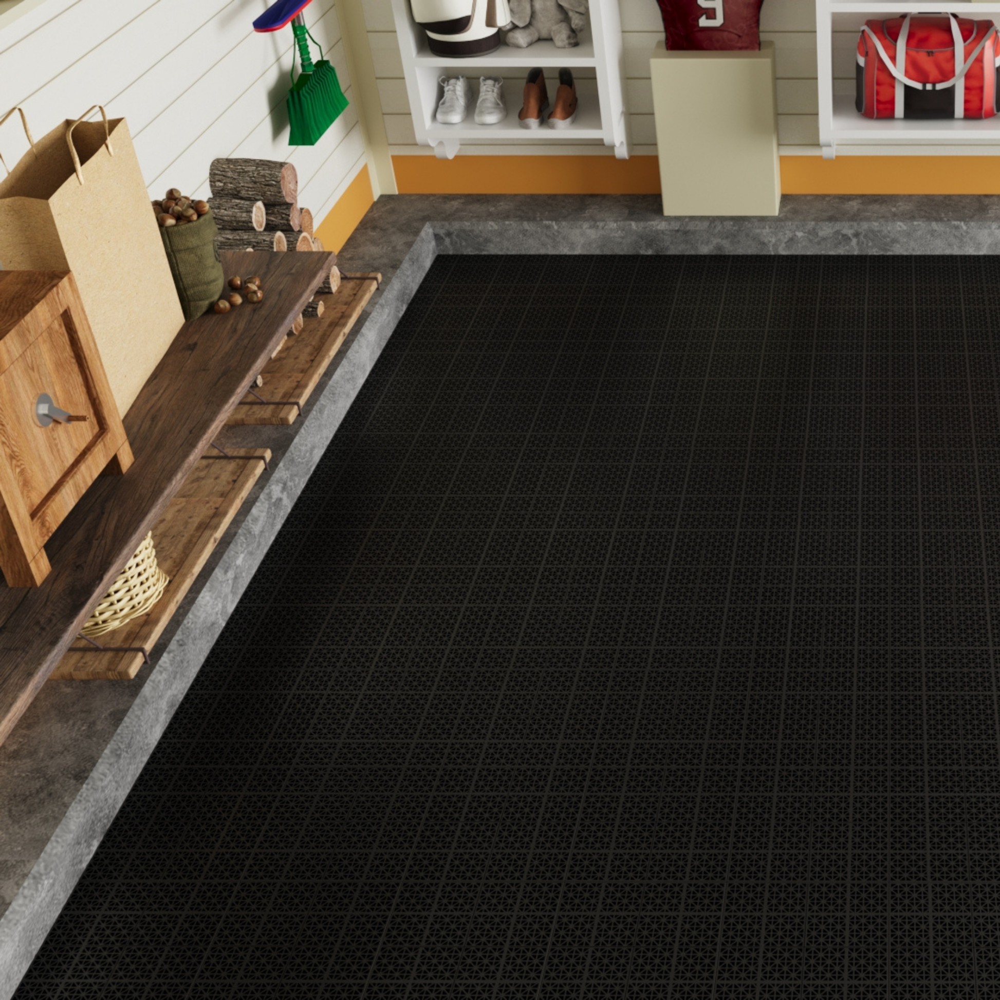 12 x 12 inch black interlocking deck tiles, plastic waterproof, weighing up to 6613 pounds, with a rose pattern pack of 12 by eprolo