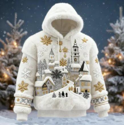 AdTec men's white fleece hooded sweatshirt with festive winter village embroidery and snowflake motifs.