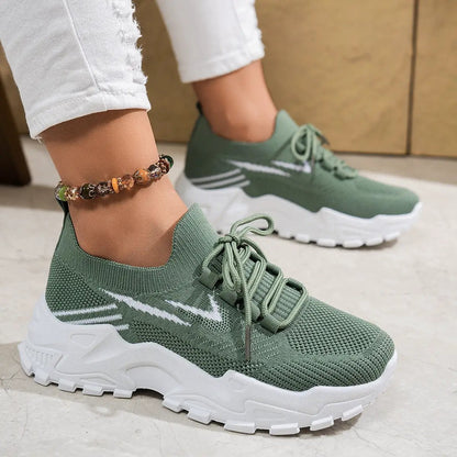 Women's casual lightweight soft-bottom sports shoes in olive green knit with white chunky soles (pair)