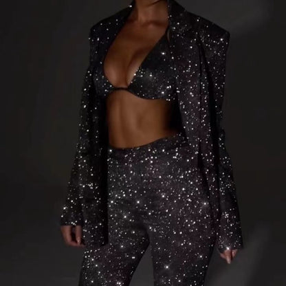 Traje brillante de 3 piezas de manga larga con sujetador, blazer de solapa y pantalones de pernera recta, conjunto de chaqueta de moda para fiesta, ropa de mujer