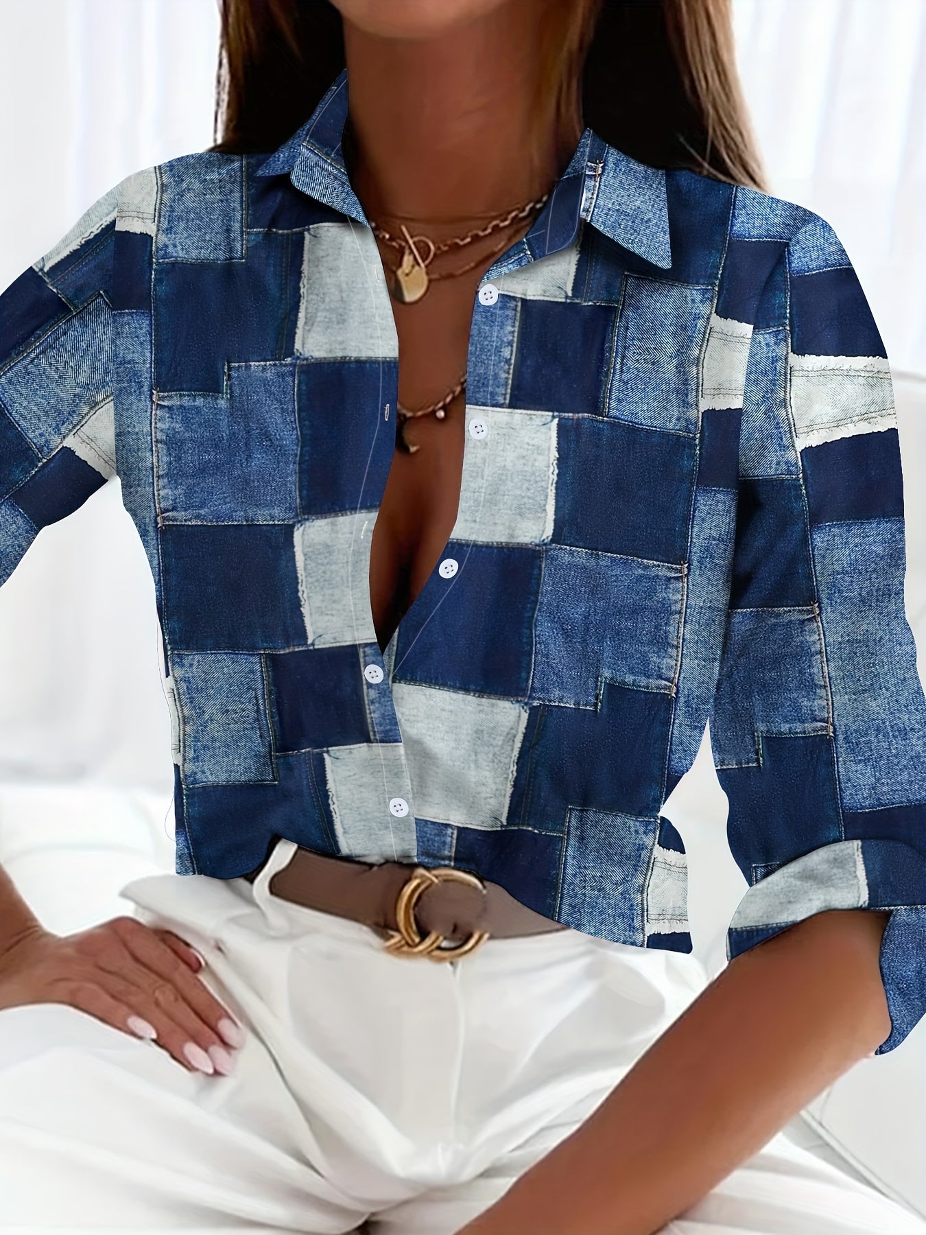 Camisa informal a cuadros holgada de manga larga de primavera-verano para mujer