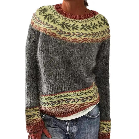 Pullover sweater, round neck, loose fit; gray chunky knit with multicolor patterned yoke and hem.