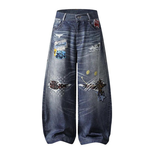 Embroidered Denim Pants Unisex Wide Leg Straight Leg Long Pants Trendy by eprolo