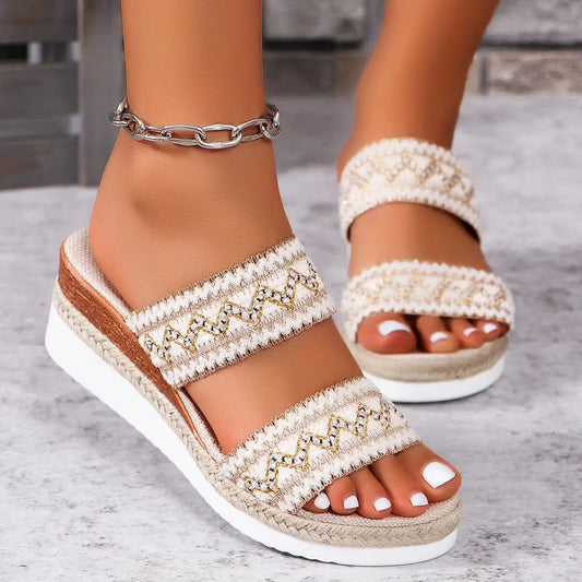 Fashion wavy pattern woven sandals for women, cream with wide embroidered straps and wedge sole, pair