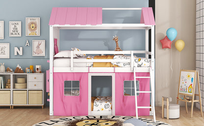 Cama de literas de madera individual con elegantes ventanas, alféizares y tienda de campaña, rosa + blanco