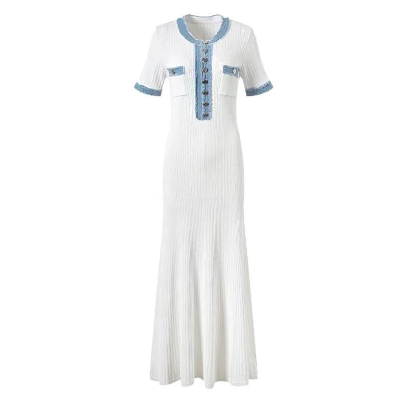 Long Sleeve Knit Dress with V-Neck, Fitted Waist, Denim Ribbed Pattern by eprolo