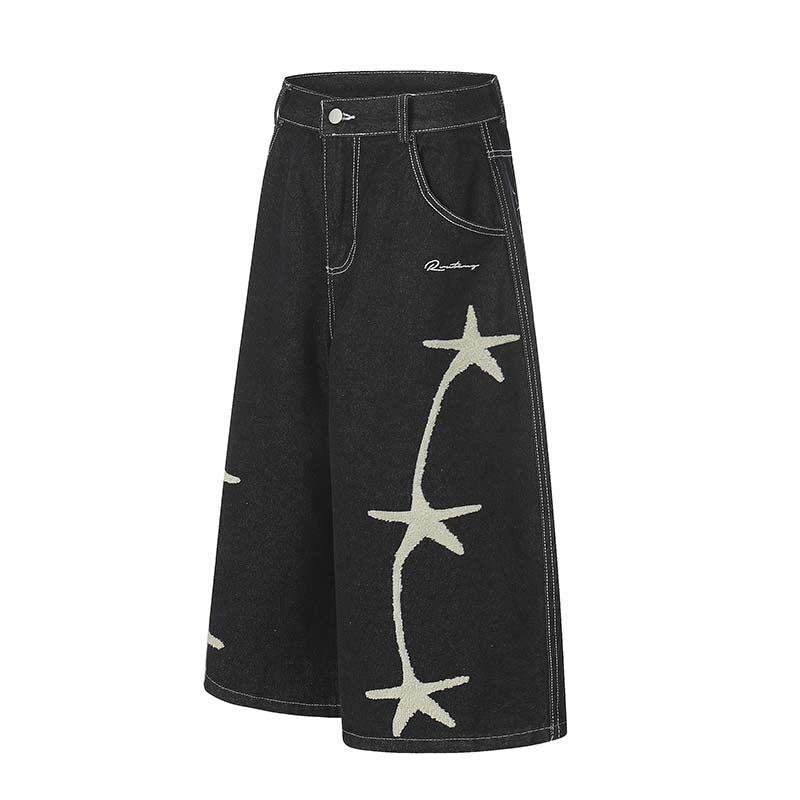 Star plush embroidery washed black denim cropped pants