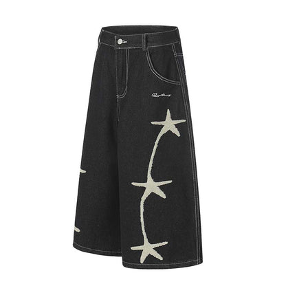 Star plush embroidery washed black denim cropped pants