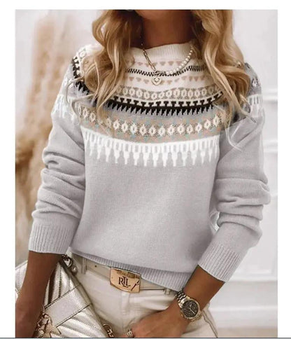 Round neck multicolor knit pullover sweater, loose fit, light gray with Fair Isle pattern