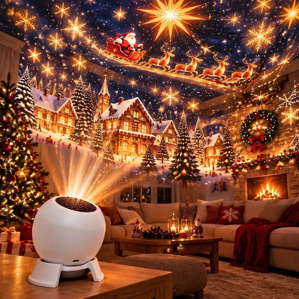 Christmas Magic Projection Light, white spherical projector projecting Santa and sleigh across the ceiling
