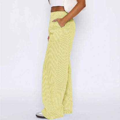 Pantalon rayé avec poches, pantalon décontracté et ample à jambe droite pour femmes