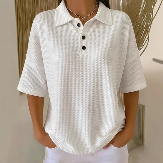 Buttoned Waffle-knit Short-sleeve T-shirt Solid-color Pullover Top