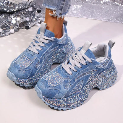 Womens Stylish Versatile Height-increasing Thick-soled Casual Sneakers, blue denim with rhinestones, AdTec