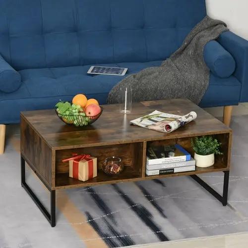 Foldable wood lift-top coffee table with black metal legs in living room; fruit basket and magazines on top.