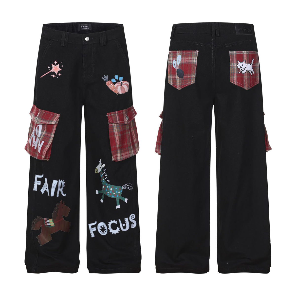Casual wide-leg denim pants for women by eprolo with plaid patch pockets and cartoon embroidery, set of four, black