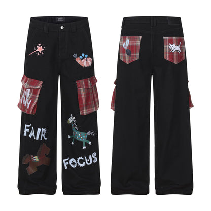 Casual wide-leg denim pants for women by eprolo with plaid patch pockets and cartoon embroidery, set of four, black