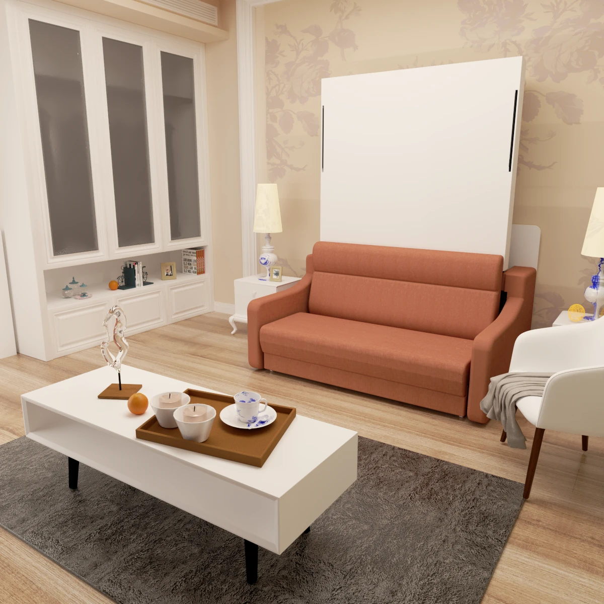 Full size Morden Deisgn vertical Murphy bed with sofa and drawers, white wall bed, space saving hidden bed with new gas pillars by eprolo