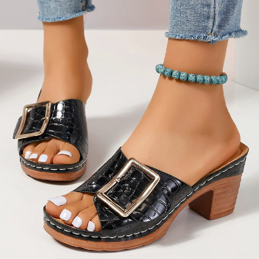 Sandalias con hebilla y textura de cocodrilo, tacón cuadrado grueso, chanclas abiertas, zapatos de mujer