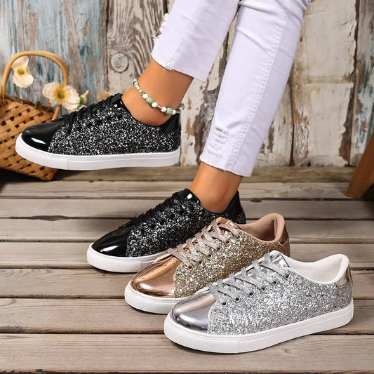 AdTec sequined lace-up sneakers; black, rose gold and silver glitter with white soles — 3 pairs