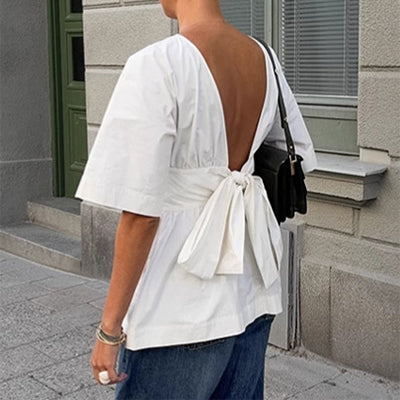 Camiseta de manga corta sin espalda de verano con diseño anudado en la espalda, top de moda de manga murciélago para ropa de mujer