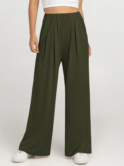 Elastic Waist Wide Leg Palazzo Pants in olive green by Trendsi