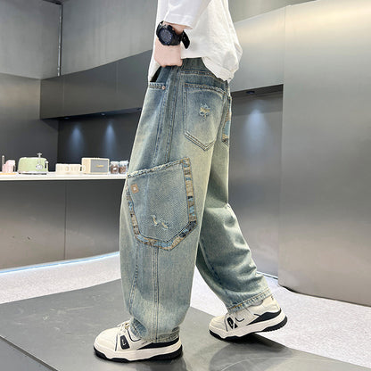 Boys' Casual Denim Jeans Style Loose Straight Leg Long Pants