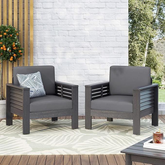 ( Set of 2) Outdoor Acacia Wood Club Chairs with Cushions, Dark Gray, 27.75"D x 32"W x 27.75"H by eprolo