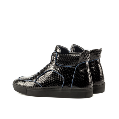 Dtown Python high-top sneakers, black snakeskin with blue piping, pair