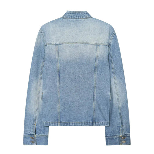 Women’s blue denim jacket, stand collar, back view with yoke and buttoned cuffs