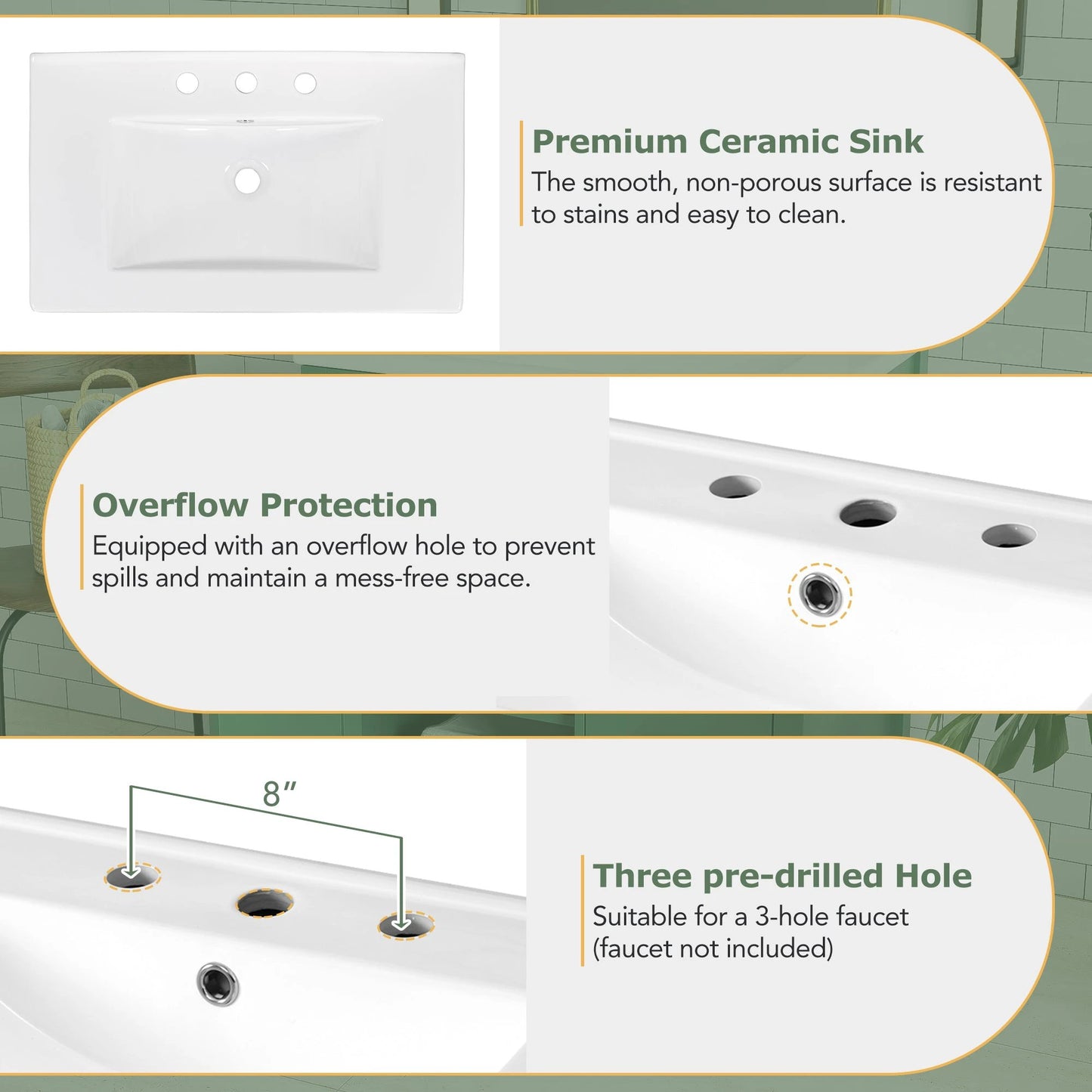 30-Inch Green Bathroom Vanity with Ceramic Sink and Ample Storage - Ideal Choice for Small Bathrooms by eprolo