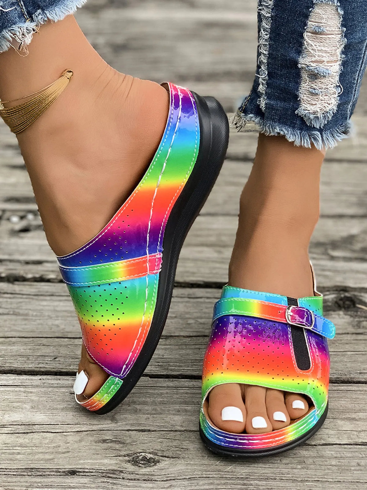 Casual Comfort Buckle Strap Sandals rainbow gradient, perforated uppers with buckle ankle strap, black platform sole