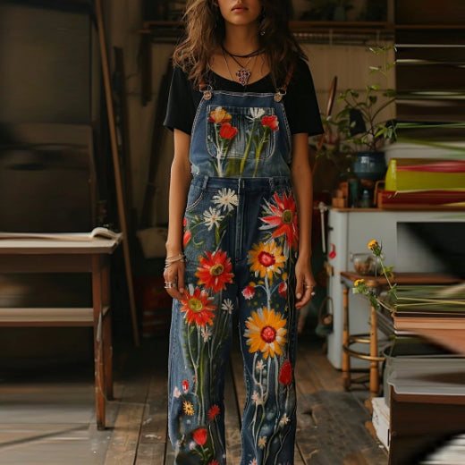 Combinaison en jean imprimée de fleurs végétales, style peinture à l'huile