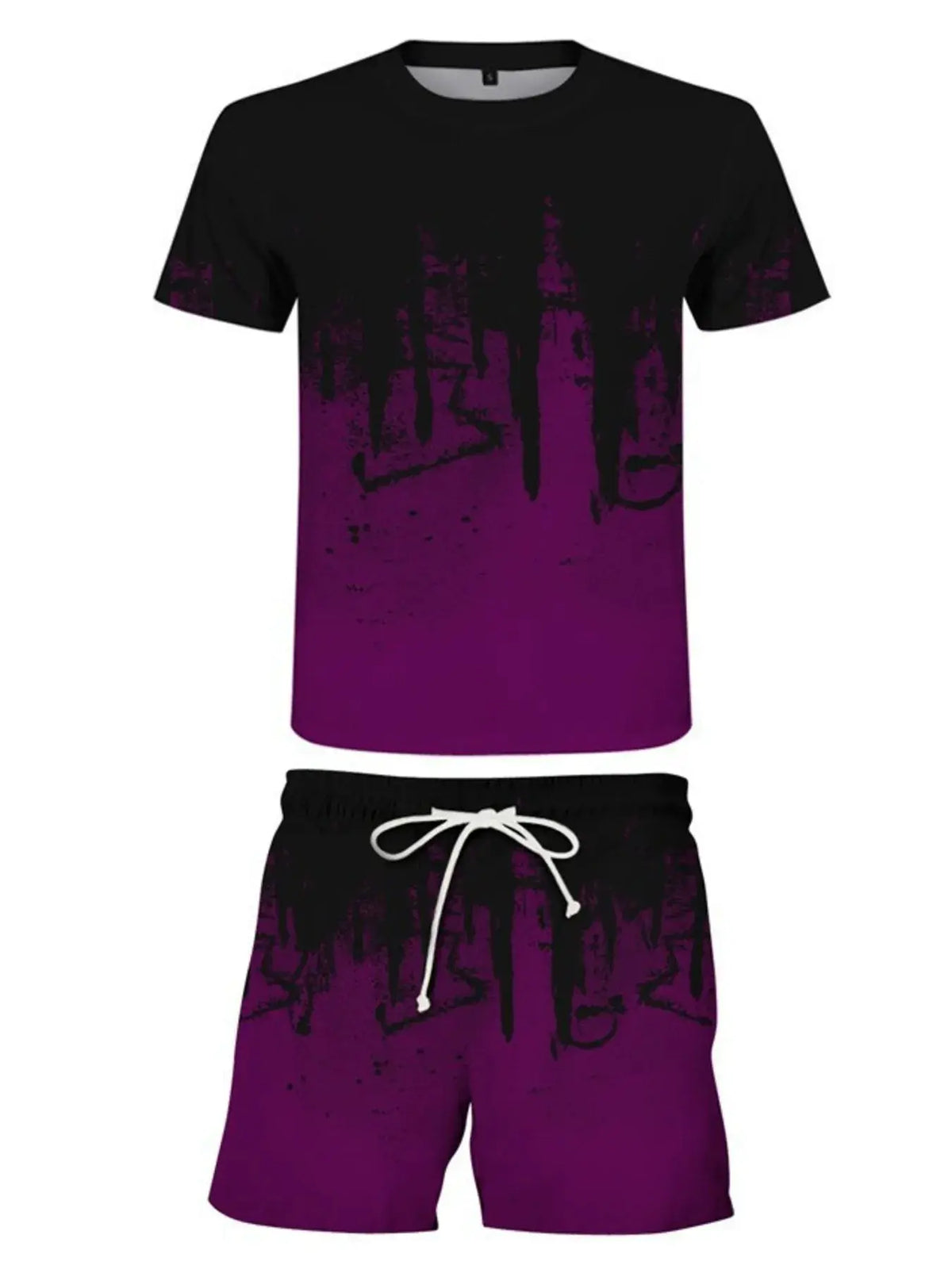 Mens printed two-piece tee and drawstring shorts set with stretch, black-to-purple gradient with abstract print, Trendsi