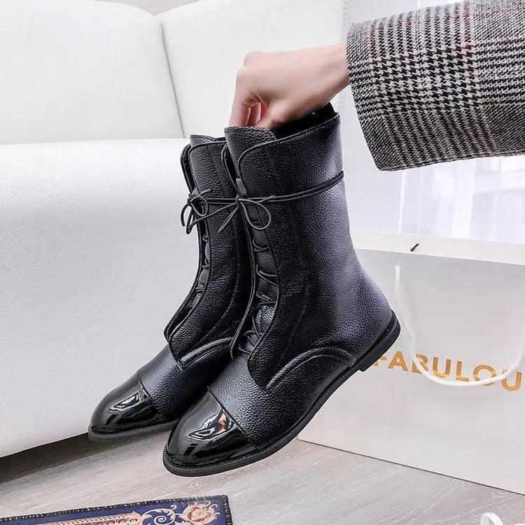 Paire de bottes Mi-Mollet Plateforme Imperméable noire en cuir texturé, bout patent brillant