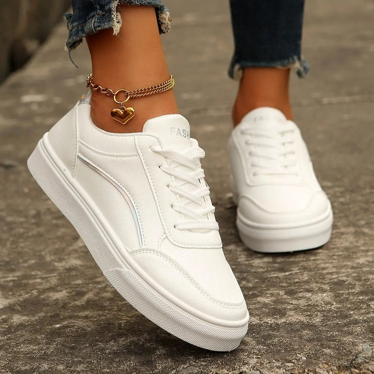 Lace-up white flats by AdTec with thick sole for women