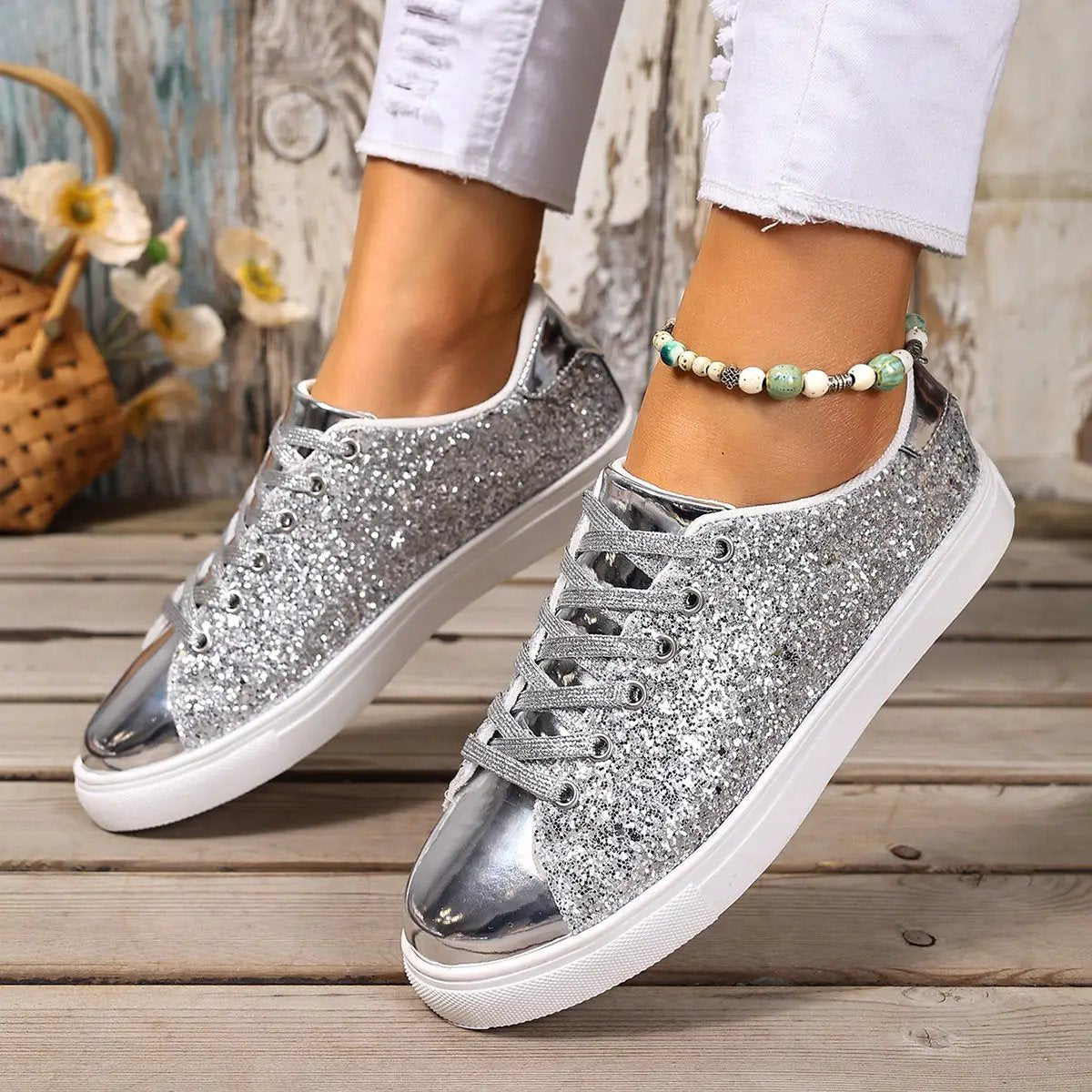 Plus-size sequined lace-up board shoes by AdTec in silver glitter