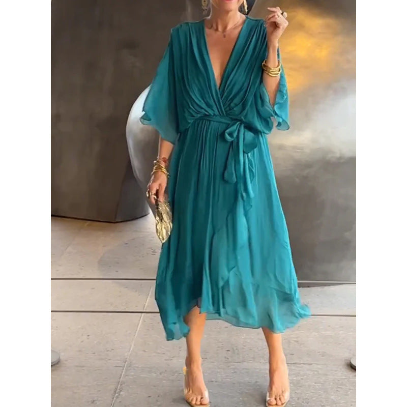 Vestido de verano con escote en V y manga murciélago de color liso con lazo irregular, vestidos largos para mujer