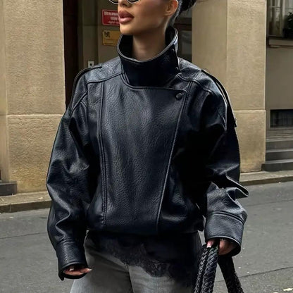 Women's stand-collar PU leather jacket, short-length, loose-fit, black