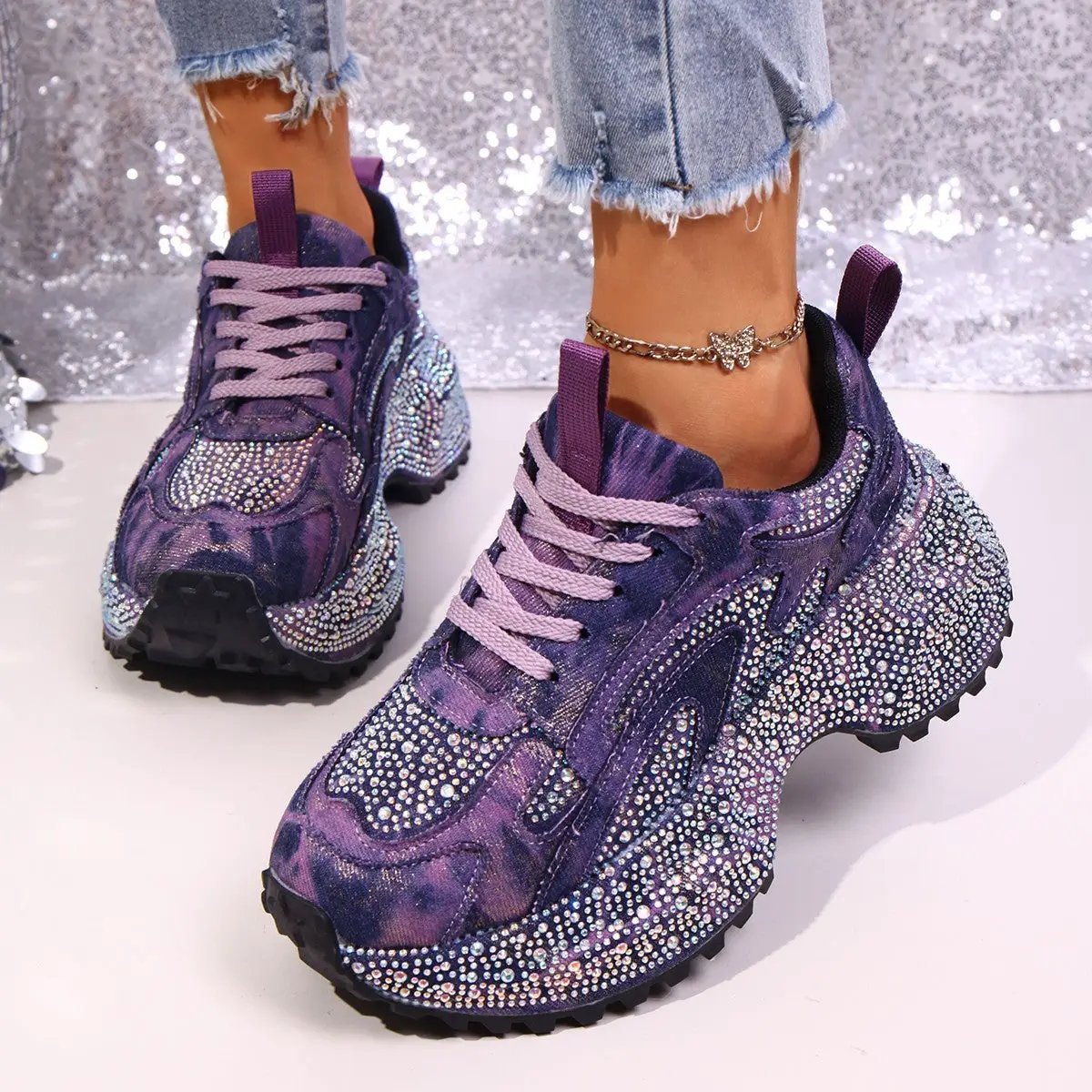 Womens stylish purple rhinestone sneakers with a thick height-boosting sole (pair)