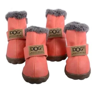 Dog thick snow boots in pink with grey faux fur trim, DOG Australia patches, four boots shown