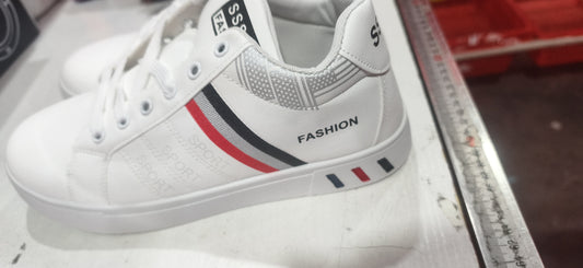Men's mid-top sneakers by AdTec; white with red and navy stripes.