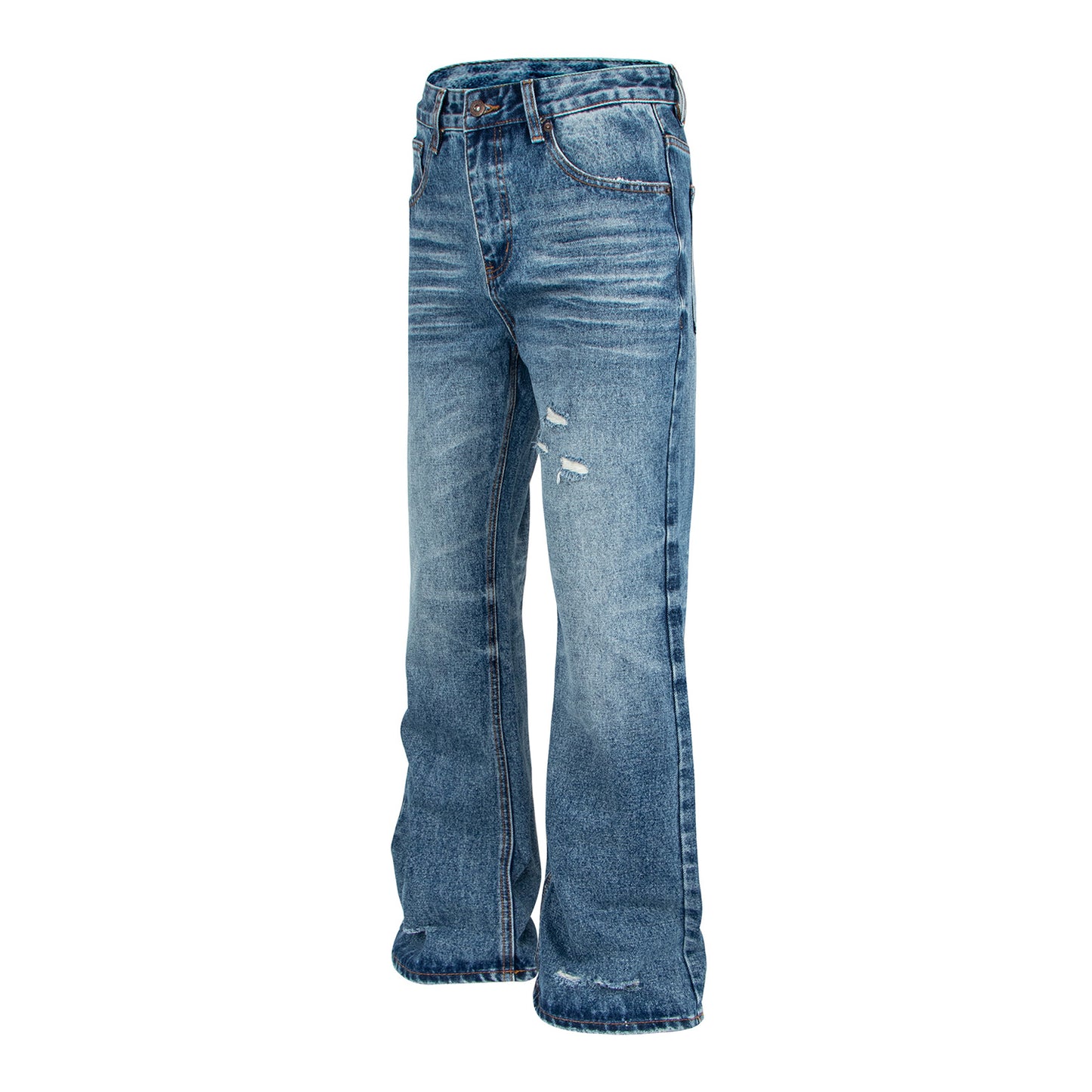 Blue Distressed Cat-Whisker Bamboo Texture Flared Jeans
