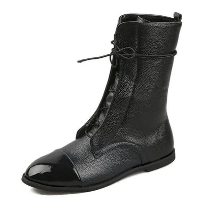 Bottes mi-mollet imperméables à plateforme, noires avec bout verni.