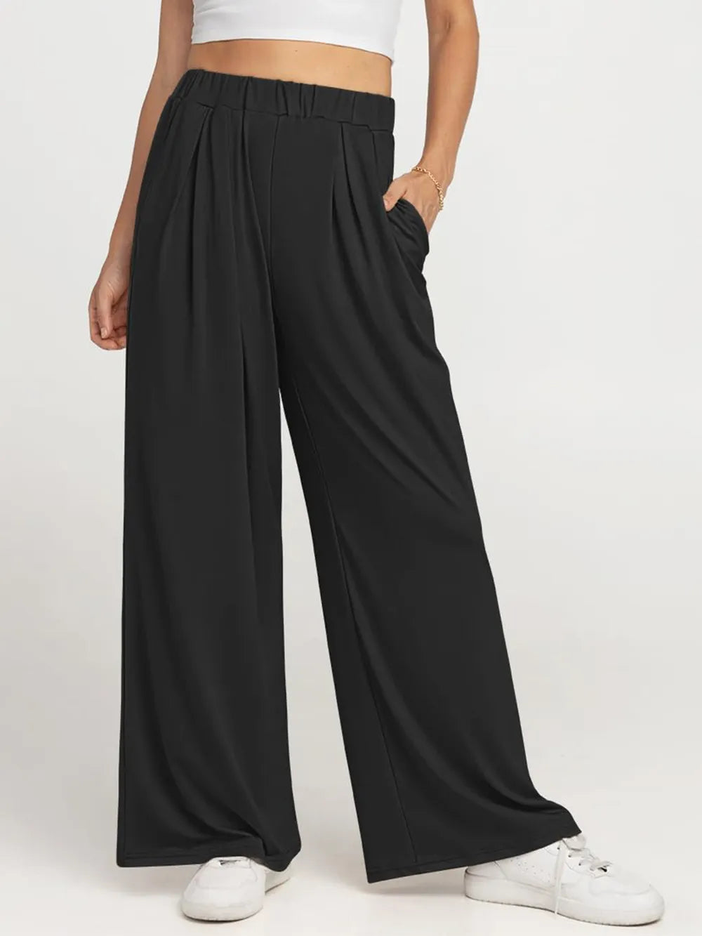 Elastic Waist Wide Leg Pants by Trendsi, black palazzo pants with elastic waistband