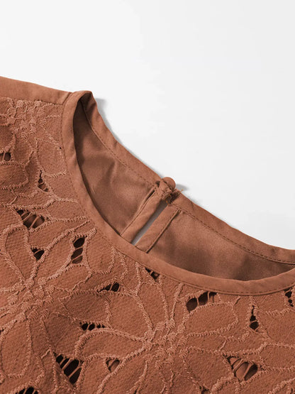 Floral lace crochet tiered ruffled mini dress in terracotta with satin lining