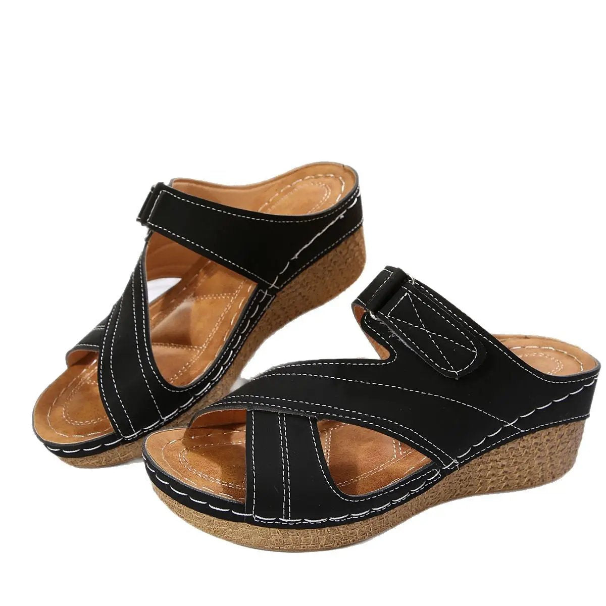 Sewing Line Lightweight Wedge Velcro Sandals, black with cork wedge, pair