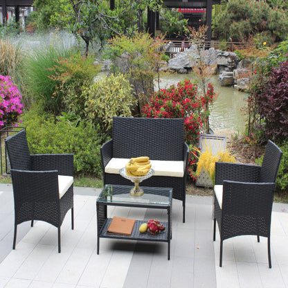 Ensemble de meubles de patio 4 pièces en rotin, salon de jardin extérieur avec coussins, canapé en osier, coussin beige